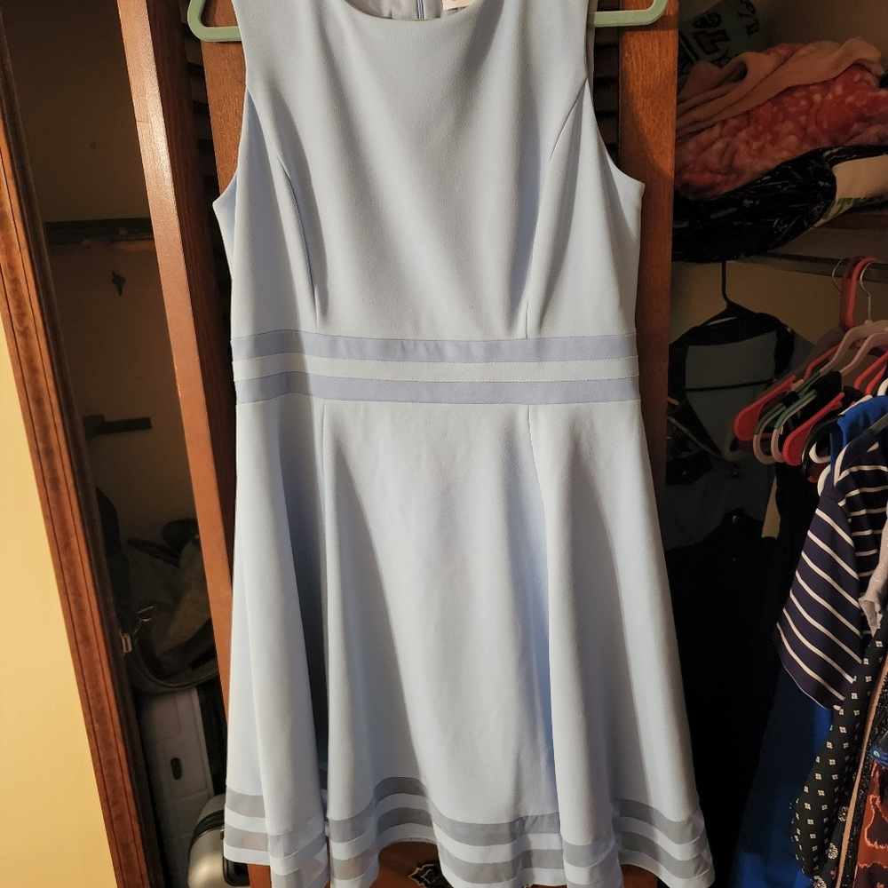 Calvin Klein Crew Neck Sleeveless Sheer Illusion Hem Crepe Fit and Flare Dress